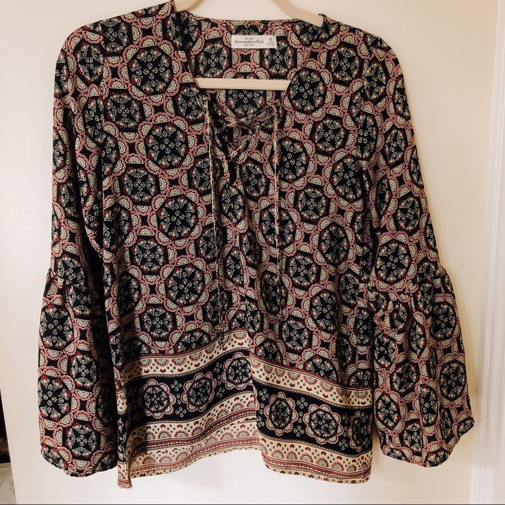 Abercrombie Patterned Lace Up Bell Sleeve Top